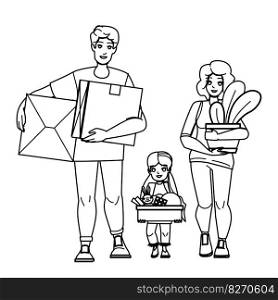 family moving vector. home happy, house new, father mother child, woman man, cardboard girl family moving character. people Illustration. family moving vector