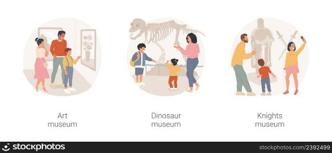 Family museum visit isolated cartoon vector illustration set. Going to art gallery, family in front of painting, visit dinosaur exhibition, natural history, knight history museum vector cartoon.. Family museum visit isolated cartoon vector illustration set.