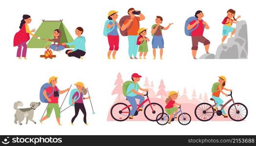 Family nature adventures. Happy trekking, cartoon tourist hiking. People in camping, active fun lifestyle. Outdoor hike walk decent vector set. Family trip and adventure, cartoon travel illustration. Family nature adventures. Happy trekking, cartoon tourist hiking. People in camping, active fun lifestyle. Outdoor hike walk decent vector set