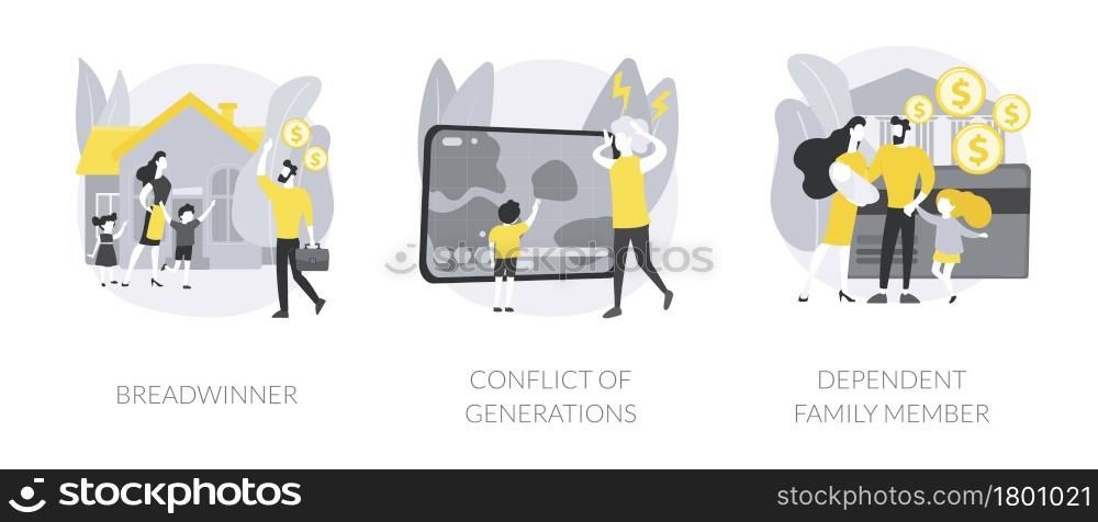 Family needs and communication abstract concept vector illustration set. Breadwinner, conflict of generations, dependant family member, disabled parent, freelance work, businessman abstract metaphor.. Family needs and communication abstract concept vector illustrations.