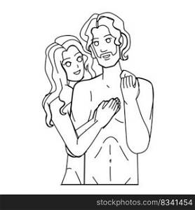 family nude line pencil drawing vector. woman man, love sexy, young passion, kiss together, sensual girl, male lovers, relationship adult, romance family nude character. people Illustration. family nude vector