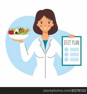 Family nutritionist. Happy doctor. Healthy nutrition and  diet plan. Vector character in flat style.