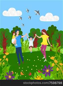 Family of four mother, father, son and daughter spend time together. Vector cartoon people having fun at summertime. Dad and mom, young boy and girl, green scenery. Mother, Father Son and Daughter Walking Together