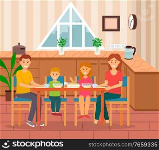 Family of mother and father with children eating at kitchen or dining room. Family gathered on holidays having dinner or breakfast together. Mom and dad with kids in house, apartment interior vector. Family Eating Home, Mom and Dad with Kids Vector
