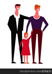 Family of mother and father with little daughter. Dad in classic suit. elegant mother and girl in dress. Parents with kid stand together like in pose for photo isolated cartoon vector illustration.. Family of mother and father with little daughter