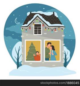Family of mother, father and child celebrating xmas holidays at home. Mom and dad with kid in dwelling with decorated pine tree and garlands. Christmas and new year fun, vector in flat style. Christmas family holidays celebration at home