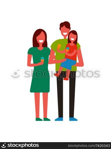 Family of mother, father and daughter with sweet ice cream. Parents near child, little girl in daddys hands, eating summer dessert vector isolated.. Family of Mother, Father and Daughter Isolated