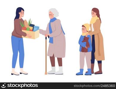 Family of refugees getting humanitarian aid semi flat color vector characters. Standing figures. Full body people on white. Simple cartoon style illustration for web graphic design and animation. Family of refugees getting humanitarian aid semi flat color vector characters