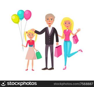 Family of three blonde mother with shopping bags, father with package and girl with balloons isolated. Cartoon parents and daughter going on birthday. Family Mother Father Daughter Gifts Balloons Bday