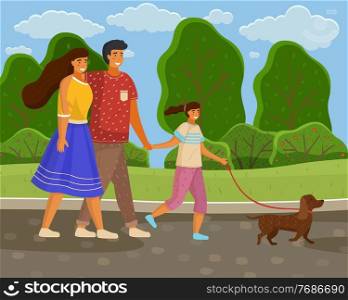 Family of three walks in park with dog, bright sun. Mom in blue skirt, girl holds leash, dad hugs wife. Green landscape, scenic area. Green summer picturesque area. Spend time with family outdoor. Family walks in nature with dog. City park, trees, wildflowers, clear sky, sun. Flat image