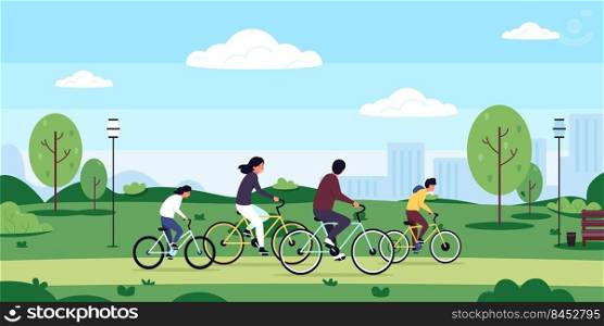 Family on bicycle. Cartoon outdoor bike ride on nature with kids mom and dad, family characters together on active leisure cycling in park. Vector illustration of bicycle lifestyle. Family on bicycle. Cartoon outdoor bike ride on nature with kids mom and dad, family characters together on active leisure cycling in park. Vector illustration