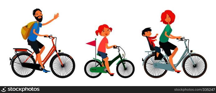 Family on bicycles walk. Male and female riding on bike. Family sport lifestyle woman and man with children. Vector illustration. Family on bicycles walk. Male and female riding on bike