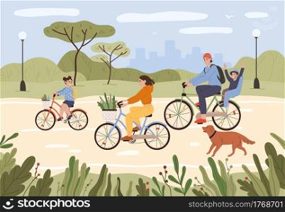 Family on bikes. Parents and kids riding bikes. Active family cycling in city park. Summer outdoor recreation, sports activity vector illustration. People having healthy lifestyle, leisure time. Family on bikes. Parents and kids riding bikes. Active family cycling in city park. Summer outdoor recreation, sports activity vector illustration