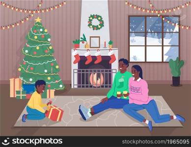 Family on Christmas flat color vector illustration. Son gets surprise present from mom and dad. Winter holiday celebration. Parents with child 2D cartoon characters with home interior on background. Family on Christmas flat color vector illustration