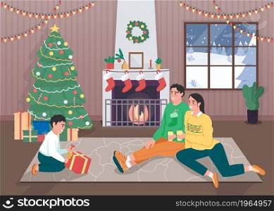 Family on festive holidays flat color vector illustration. Son gets surprise. Christmas season. Winter holiday celebration. Parents with child 2D cartoon characters with home interior on background. Family on festive holidays flat color vector illustration