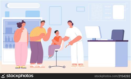 Family on hospital. Kid vaccination, doctor check up on clinic. Young and adult patients, pediatric little patient. Medical exam vector scene. Illustration of kid get vaccine, patient at hospital. Family on hospital. Kid vaccination, doctor check up on clinic. Young and adult patients, pediatric little patient. Medical exam utter vector scene