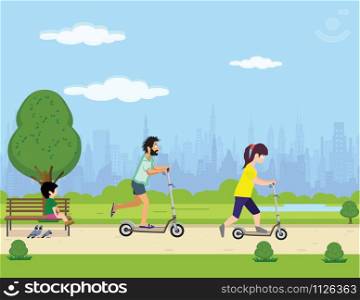 family on scooters