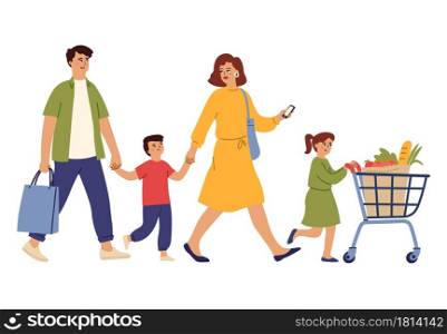 Family on shopping. Grocery store, woman man in supermarket with cart. Isolated happy people with trolley and food bag vector illustration. Family in shop with full cart, man and woman with kids. Family on shopping. Grocery store, woman man in supermarket with cart. Isolated happy people with trolley and food bag vector illustration