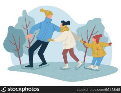 Family on skating ice rink spending wintertime together. Mom and dad with kid learning to ride in park. Recreation and happy weekends or holidays of mother and father with child. Vector in flat style. Parents and kid skating on ice rink in winter