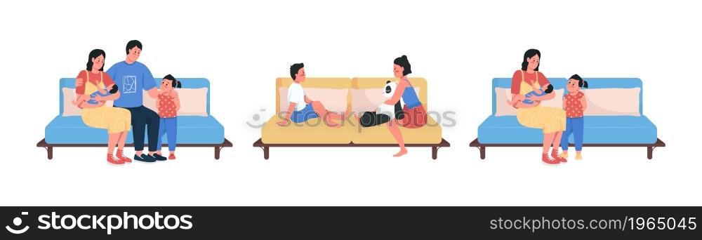 Family on sofa semi flat color vector character set. Posings figures. Full body people on white. Relationships isolated modern cartoon style illustration for graphic design and animation pack. Family on sofa semi flat color vector character set