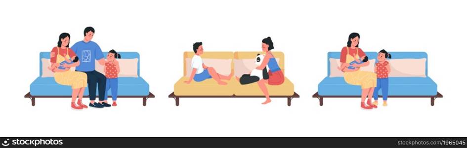 Family on sofa semi flat color vector character set. Posings figures. Full body people on white. Relationships isolated modern cartoon style illustration for graphic design and animation pack. Family on sofa semi flat color vector character set