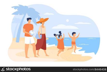 Family on summer vacation concept. Parents couple and kids walking on beach, going to bath in sea water, enjoying leisure. For outdoor activities and summer travel topics