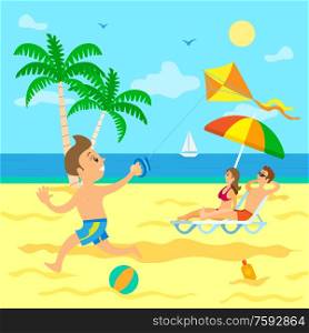 Family on summer vacations vector, kid running on beach holding wind kite in hand. Couple laying in sun sunbathing, umbrella making shade for people. Child with Wind Kite, Parent Relaxing on Beach