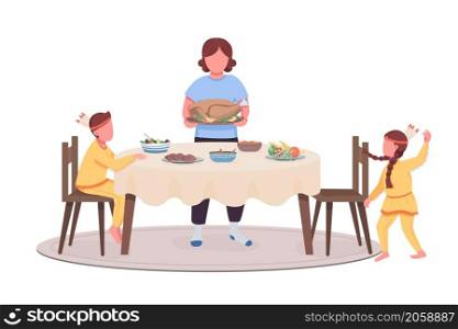 Family on thanksgiving semi flat color vector characters. Dynamic figures. Full body people on white. Home dinner isolated modern cartoon style illustration for graphic design and animation. Family on thanksgiving semi flat color vector characters