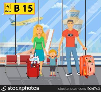family on the airport. Father with travel bag, mother with child goes to summer travel. Happy holiday, airplane scene. Vector illustration in flat design.. family on the airport.