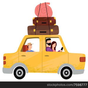 Family on vacation vector, isolated car with passengers father driving automobile with mat and bag on top, mother and kid sitting in auto travelling. Happy family car travel. People Sitting in Car, Family Going on Vacation