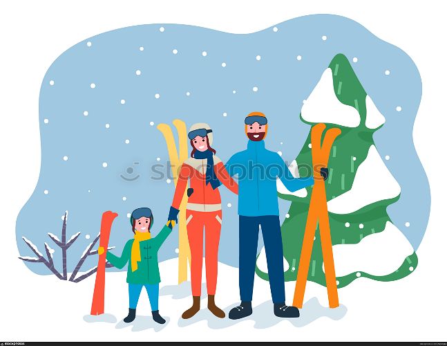 Family on winter vacation, mother father and kid in skiing resort. People smiling and posing on forest background. Mom and dad with child holding equipment for active sports. Vector in flat style. Family on Skiing Resort, Winter Vacation Vector