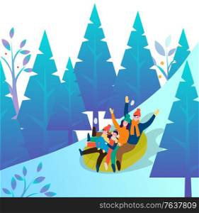 Family on winter vacation vector. Mother and father with daughter and son sloping sitting in tube. Landscape in cold season with pine trees and foliage. Snowy hill and happy parents with children. Family Having Fun in Winter Forest Going Downhill