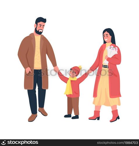 Family on winter walk semi flat color vector character. Posing figures. Full body people on white. Recreation isolated modern cartoon style illustration for graphic design and animation. Family on winter walk semi flat color vector character