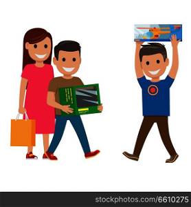 Family out on shopping mother holds bag and toy and two sons with boxes, in one of them toy helicopter, on white background. Cartoon family with toy presents. Shopping collection vector illustration.. Family Shopping Illustration. Mother and Sons