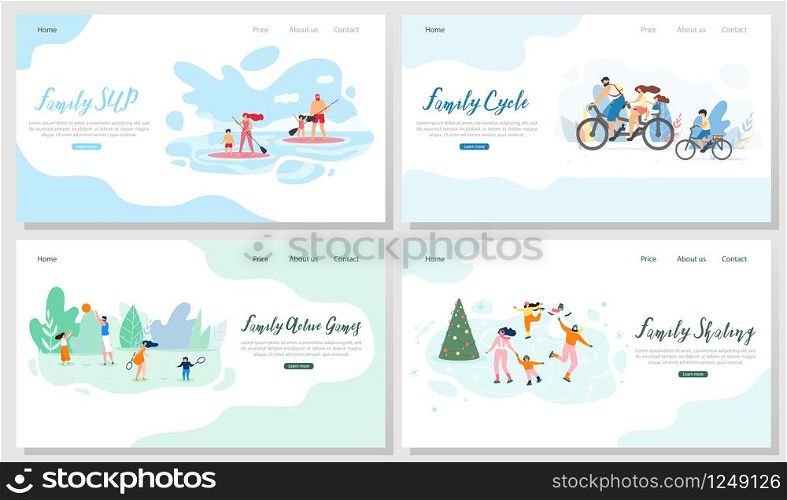 Family Outdoor Activities Flat Vector Web Banners Set. Happy Parents with Children Riding Bicycle, Playing Active Sport Games in Park, Skating on Ice Rink, Paddleboarding on Summer Resort Illustration