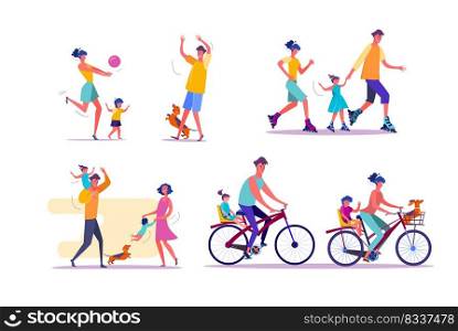Family outdoor activities set. Parents and children cycling, playing ball, roller skating. People concept. Vector illustration for topics like leisure, movement, active lifestyle
