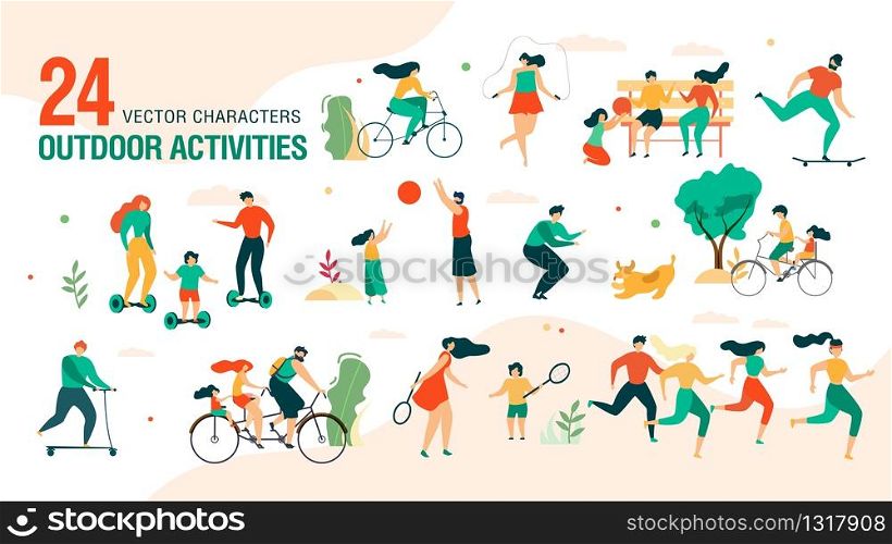 Family Outdoor Activities, Summer Leisure Entertainment Trendy Vector Set Isolated on White Background. Parents with Children Playing in Park, Riding Bicycle, Playing in Park Characters Illustration