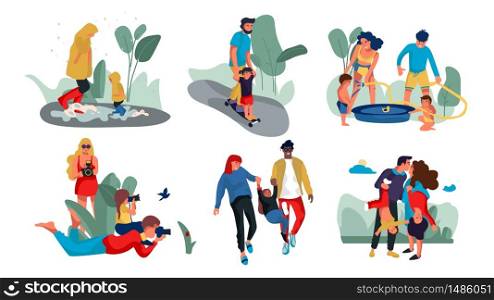 Family outdoor characters. Parents and children trendy cartoon persons spending time together and doing outdoor activities. Vector isolated illustrations group happy people. Family outdoor characters. Parents and children trendy cartoon persons spending time together and doing outdoor activities. Vector illustrations people