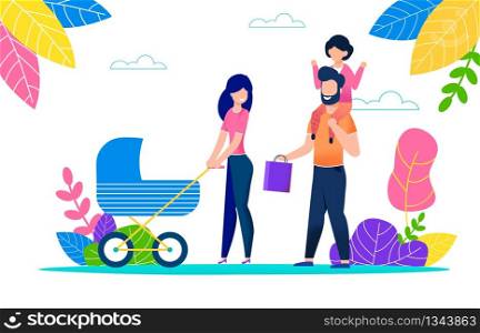 Family Outdoor Recreation on Hot Summer Day. Young Mother Walks in Park with Baby in Stroller. Bearded Father Holds Small Daughter on his Shoulders. Paper Bag in Hand. Joint Family Weekend