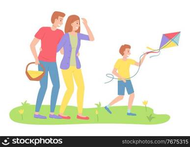 Family outdoor recreational activities, happy parents looking at son with flying kite, mother, father and little son spending time together at nature, leisure, recreation time, relationships. Family outdoor recreational activities, parents looking at son with flying kite, recreation time