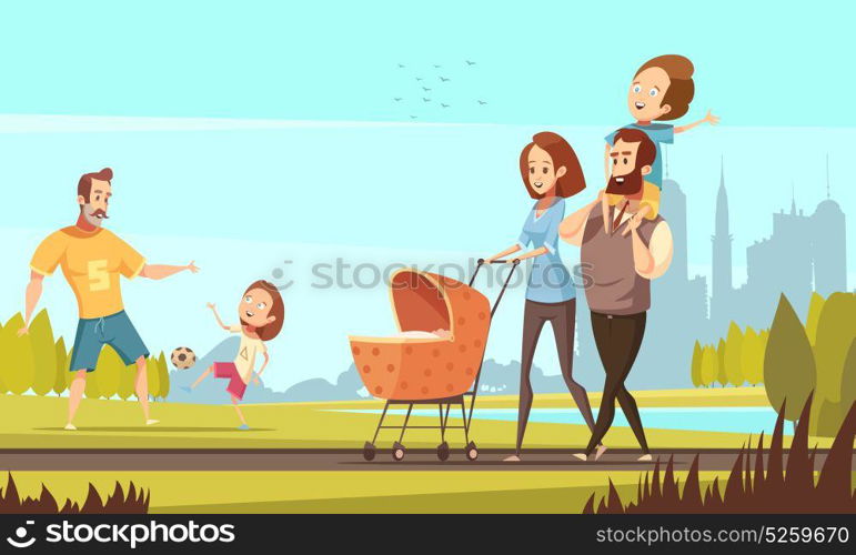 Family Outdoor Retro Cartoon Illustration . Young family with toddler and baby walking in park outdoor with cityscape background retro cartoon vector illustration