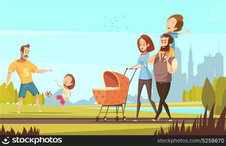 Family Outdoor Retro Cartoon Illustration . Young family with toddler and baby walking in park outdoor with cityscape background retro cartoon vector illustration