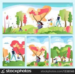 Family Outdoors Activities on Nature Cartoon Set. Mother Reading Book, Father Playing with Children. Kids Spending Time Along in Park. Motivation Flat Card or Vertical Poster Kit. Vector Illustration. Family Outdoors Activities on Nature Cartoon Set