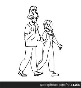 family outing line pencil drawing vector. happy father, nature mother, girl daughter, child outdoor, holiday lifestyle family outing character. people Illustration. family outing vector