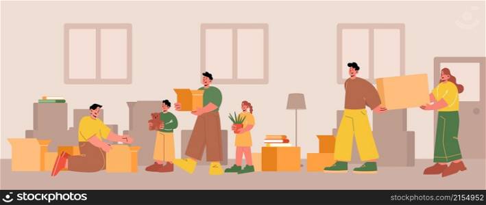 Family packing and move to new house. Vector flat illustration of home interior with happy people and kids carry cardboard boxes. Concept of relocation, moving, leave dwelling. Family packing and move to new house