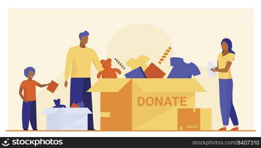 Family packing donation box. Clothes and toys for needy people flat vector illustration. Volunteering, charity, goodwill concept for banner, website design or landing web page
