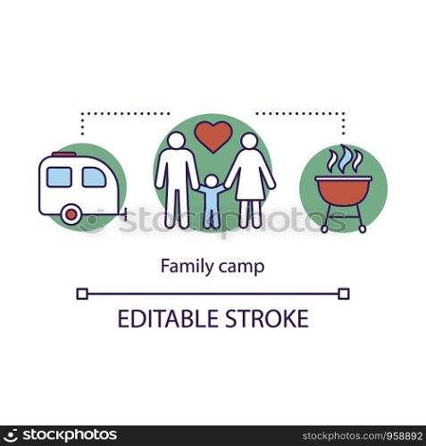 Family, parenthood camp concept icon. Summer parents and children club, holiday resort idea thin line illustration. Kids and adults activities. Vector isolated outline drawing. Editable stroke