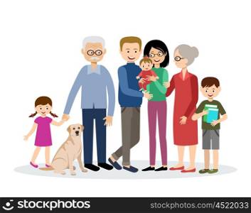 Family. Parents, children, grandmother and grandfather.Grandson and granddaughter. Son and daughter. Dog. Vector