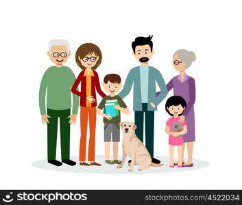 Family. Parents, children, grandmother and grandfather.Grandson and granddaughter. Son and daughter. Dog. Vector