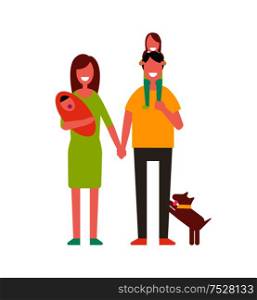 Family parents with children and pet. Parenting people and childhood of daughter and newborn child. Puppy canine mammal with owners isolated vector. Family Parents with Children Vector Illustration